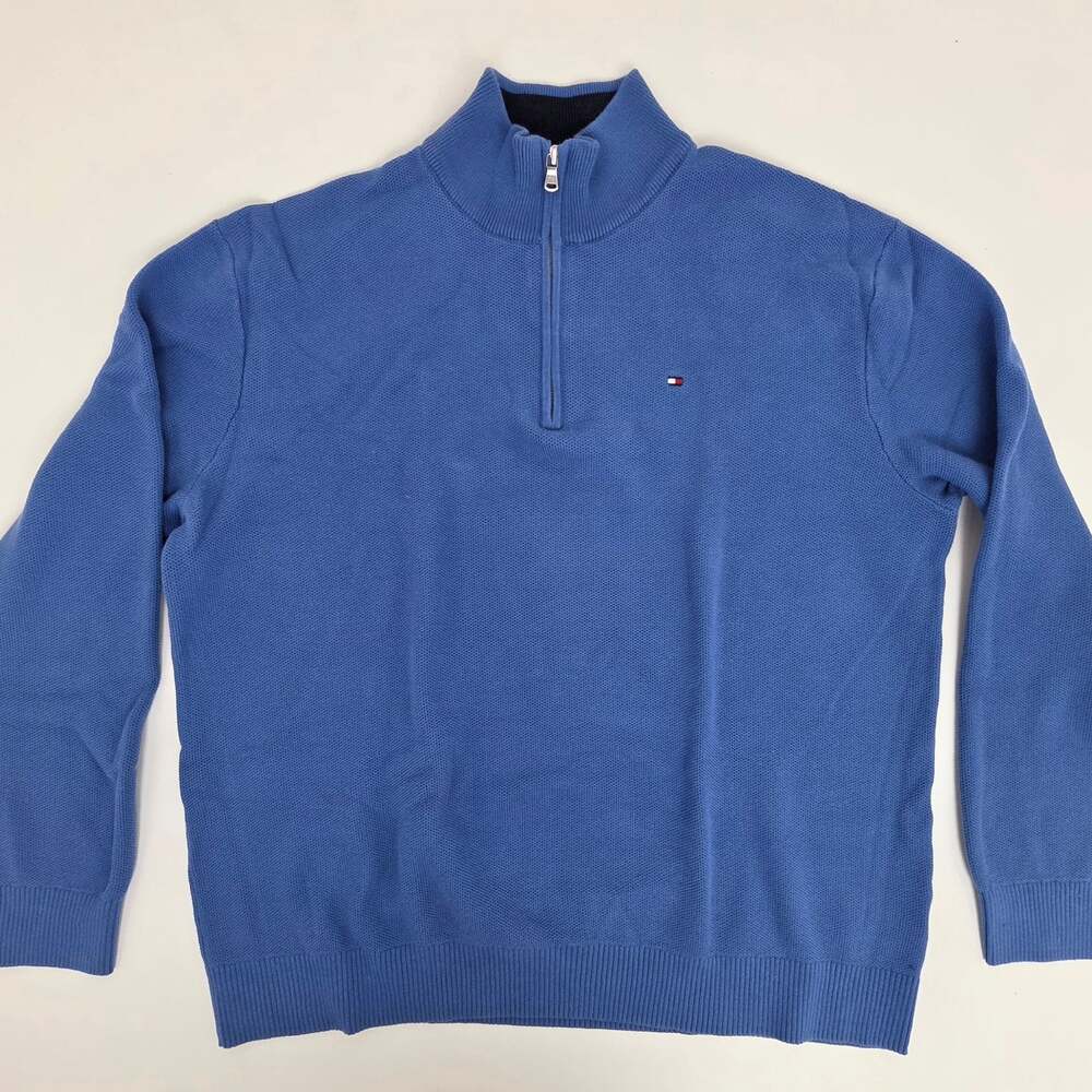 Tommy Hilfiger Men's Blue Quarter-Zip Knit Pullover Sweater with Logo